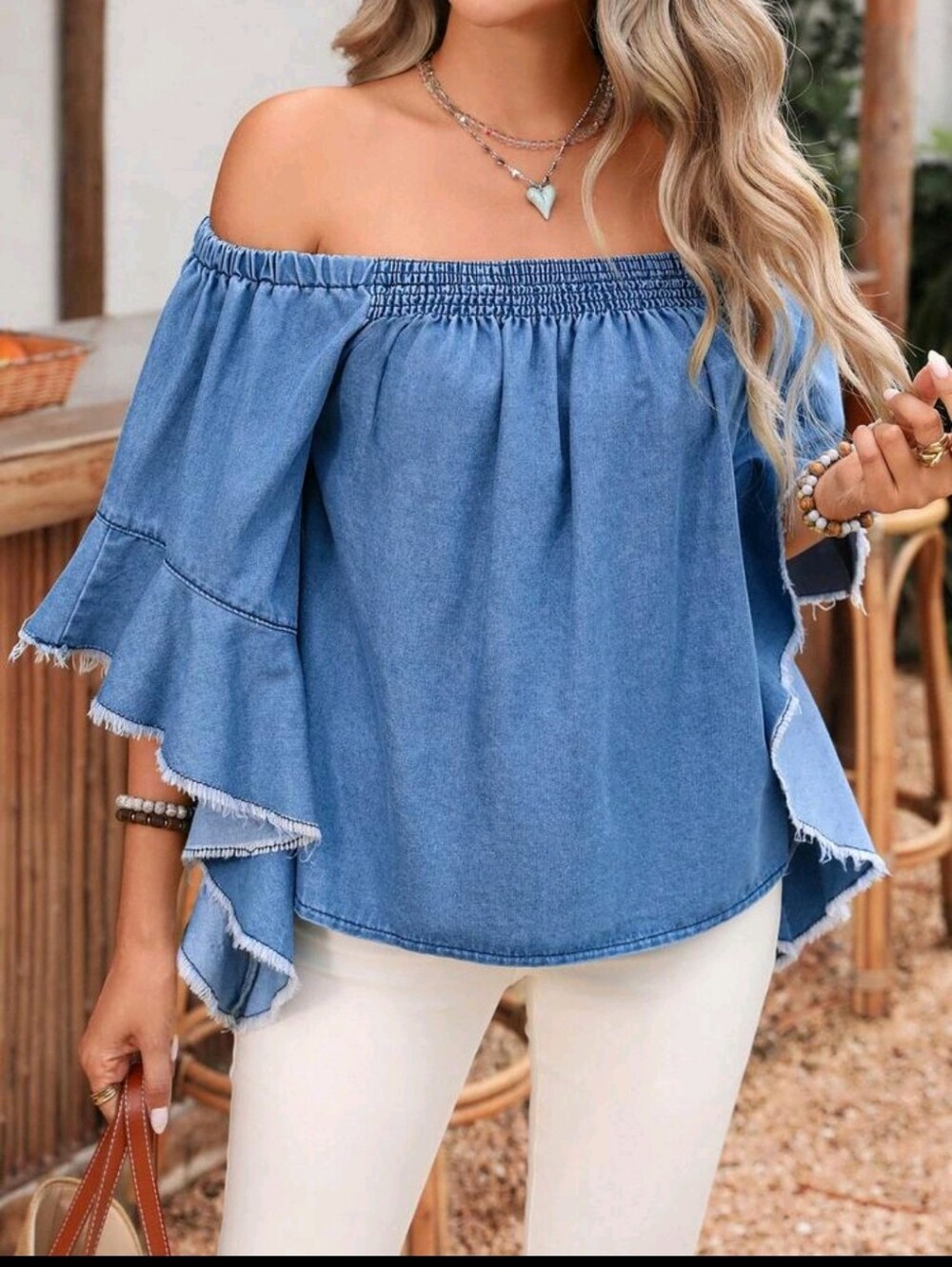 Off-Shoulder Denim Blue Ruffle Sleeve Top
